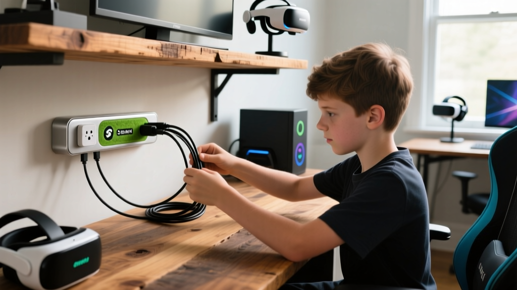 Gamer organizing SteamVR base station cables into an eco-friendly smart power strip mounted under a reclaimed wood desk