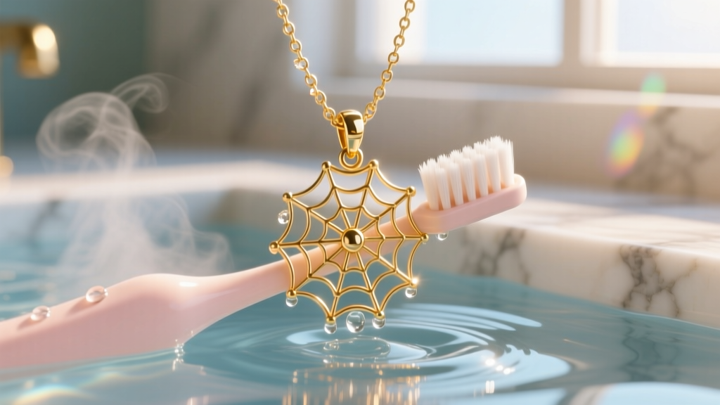 Close-up of a soft baby toothbrush gently cleaning the wire intersections of a gold spider web pendant under warm running water.