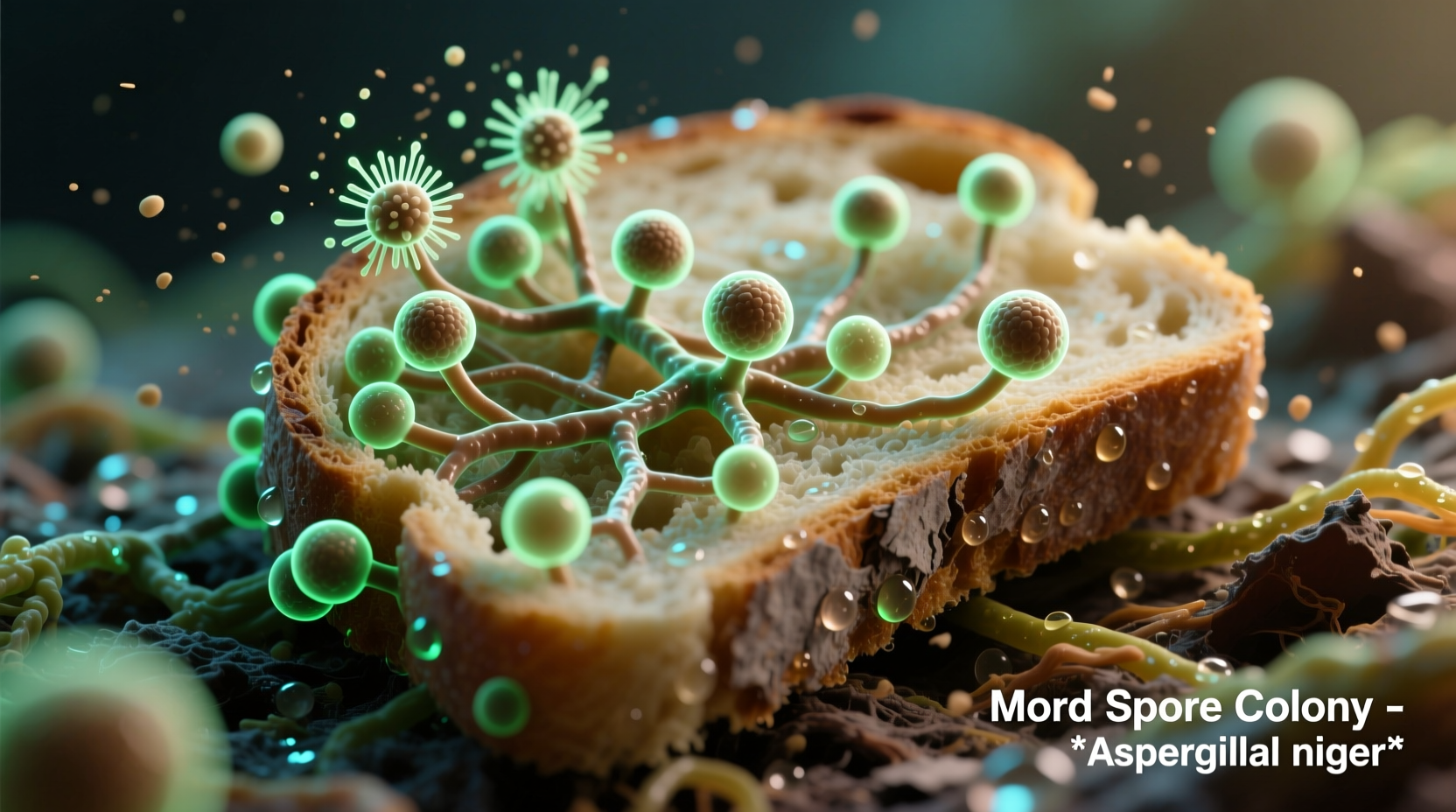 Microscopic view of mold spores on food surface