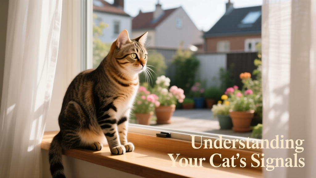 A relaxed cat perched on a window sill, observing the outdoors