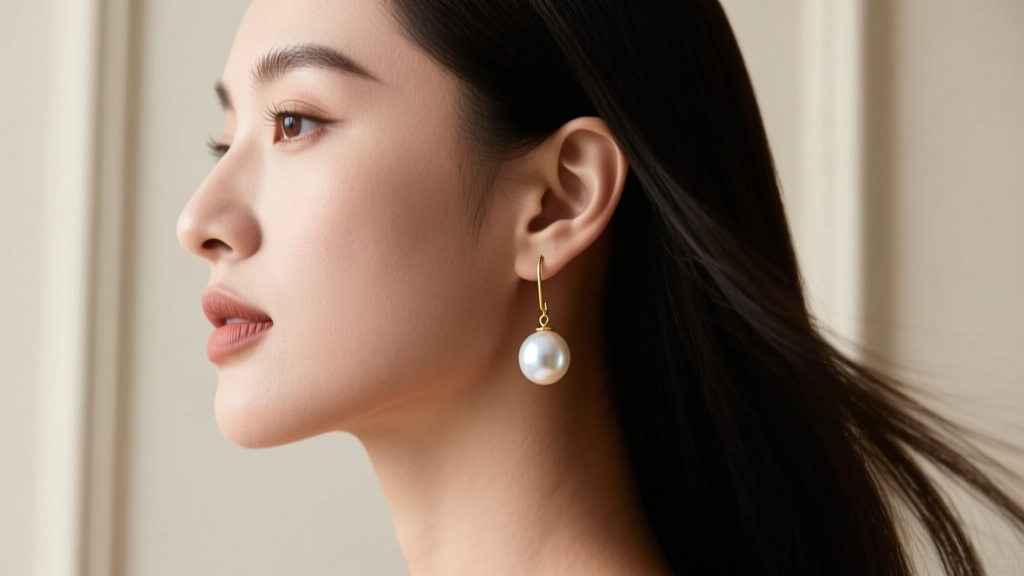Side profile of a woman wearing a 14mm white South Sea pearl drop earring on a gold wire, illuminated by soft directional lighting