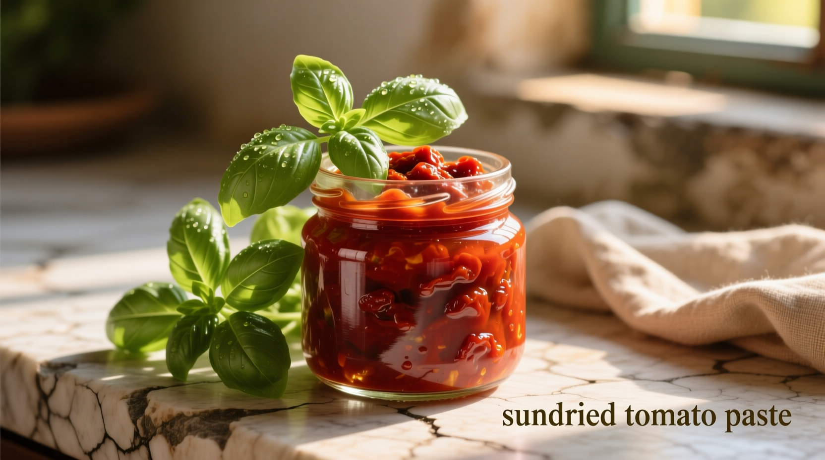 Sundried tomato paste in glass jar with fresh basil