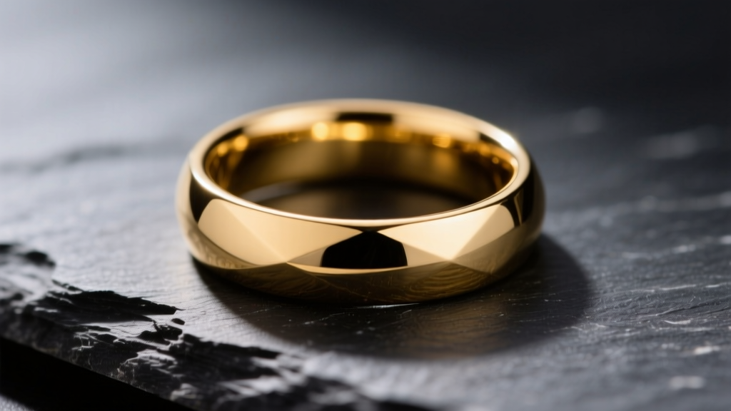 Macro photography of a 14k yellow gold signet ring resting on a dark slate surface, highlighting the warm, rich metallic luster.