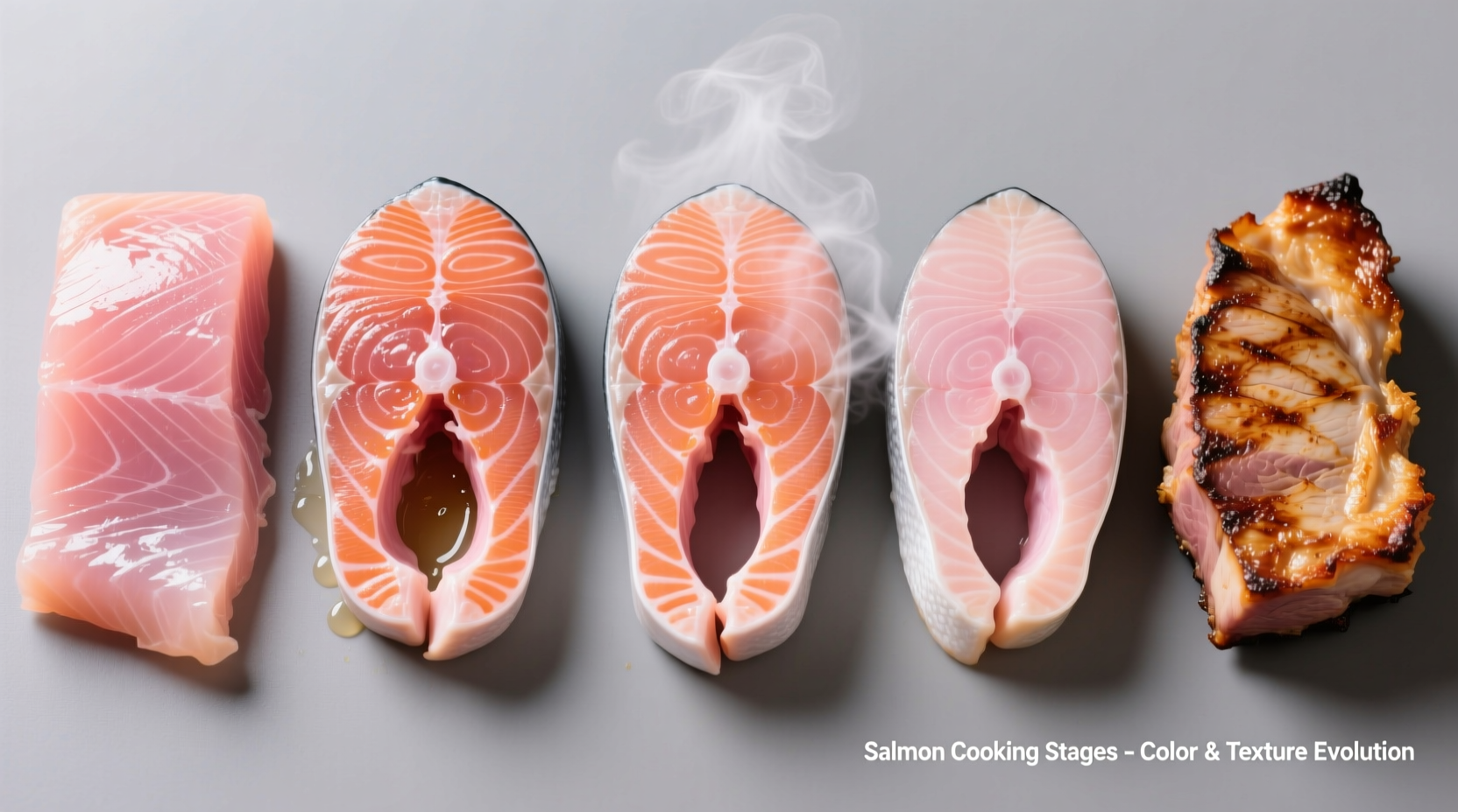 Salmon cooking stages showing color and texture changes