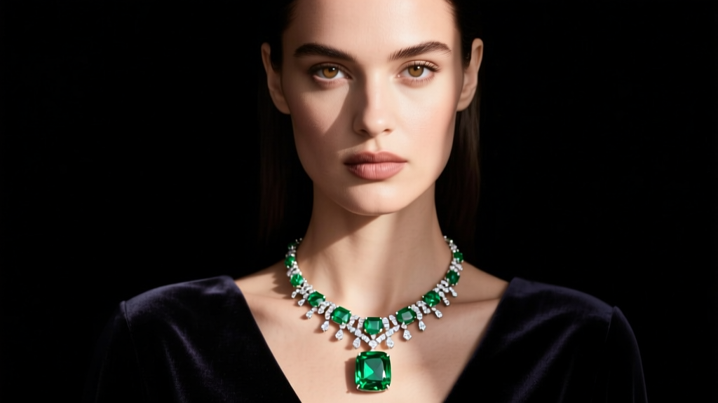 Close-up of a model wearing a 40-carat Colombian emerald statement necklace with diamond baguettes against dark velvet