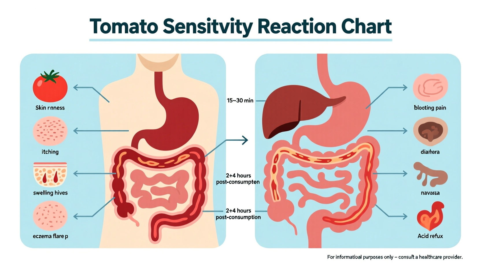 Tomato sensitivity symptoms chart showing skin and digestive reactions