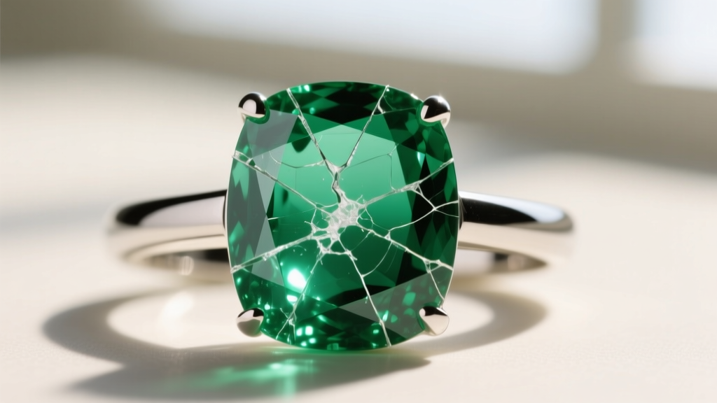 Macro close-up of a fractured emerald ring, showing why oil-treated gemstones must avoid chemical surfactant jewelry cleaners