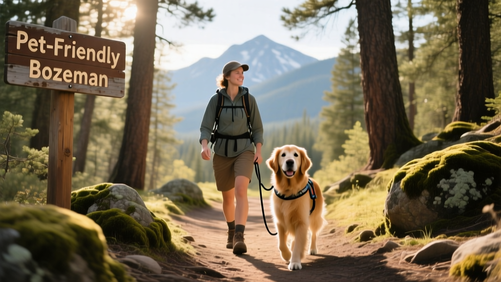 A person hiking with a dog along a forested trail near Bozeman, Montana