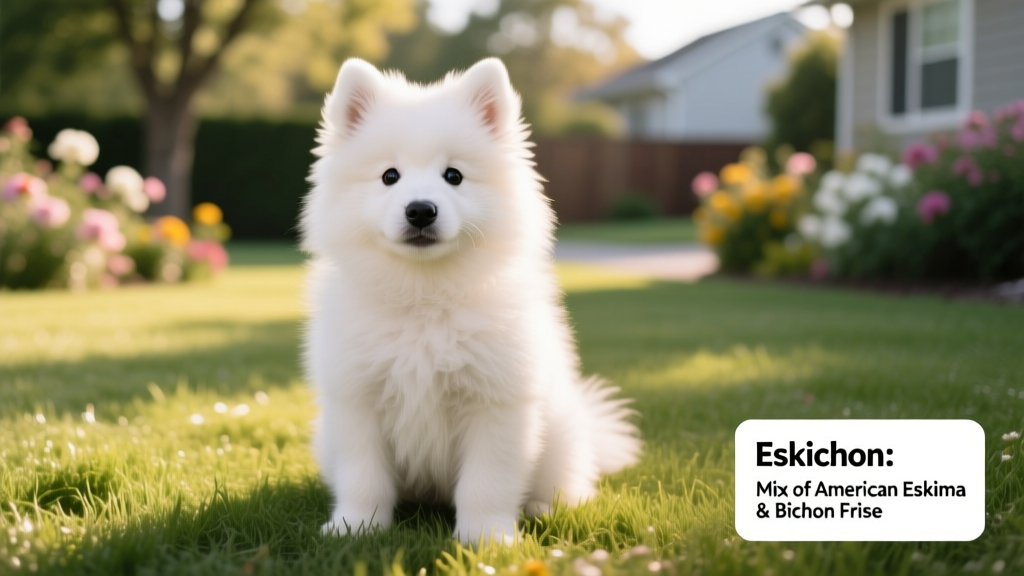 A smiling, fluffy white Eskichon puppy sitting on a grassy lawn, looking directly at the camera