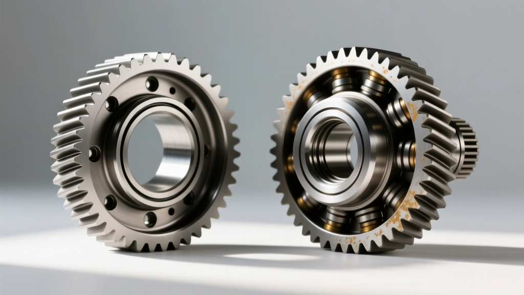 Side by side comparison of an open differential spider gears versus a helical limited slip differential gearset
