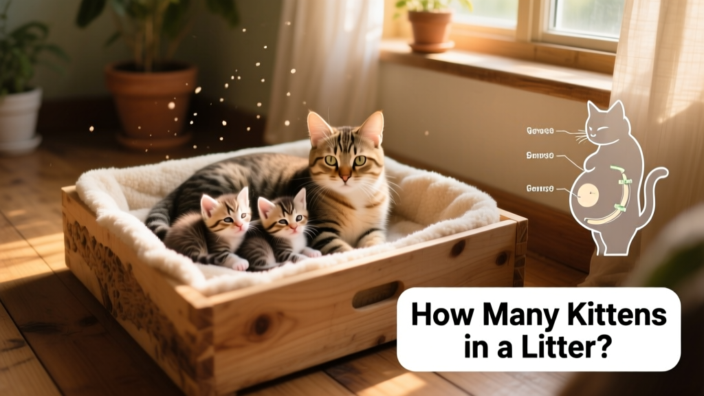 Newborn kittens nestled beside their calm, alert mother in a softly lit, cozy birthing box