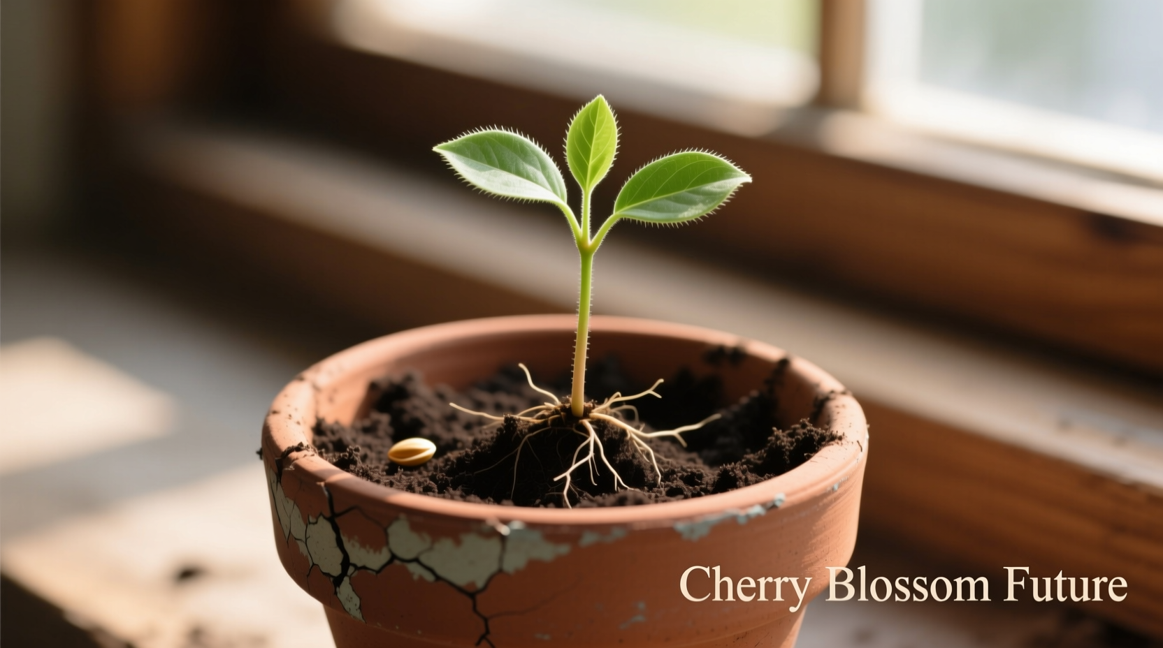 Cherry seedling in terracotta pot with soil