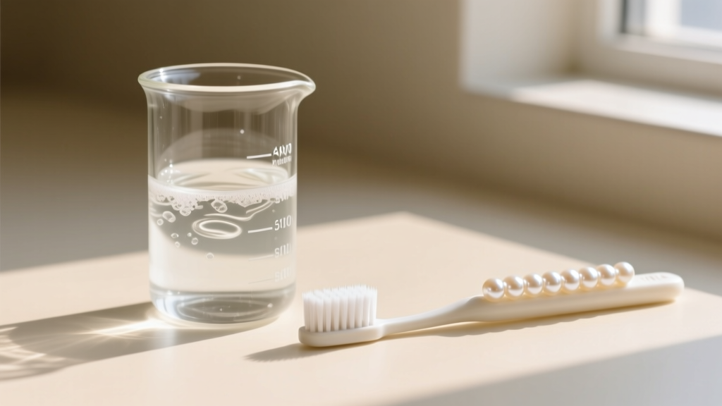 Glass beaker with mild soapy water and a soft-bristled baby toothbrush resting next to a beautiful strand of white Akoya pearls.