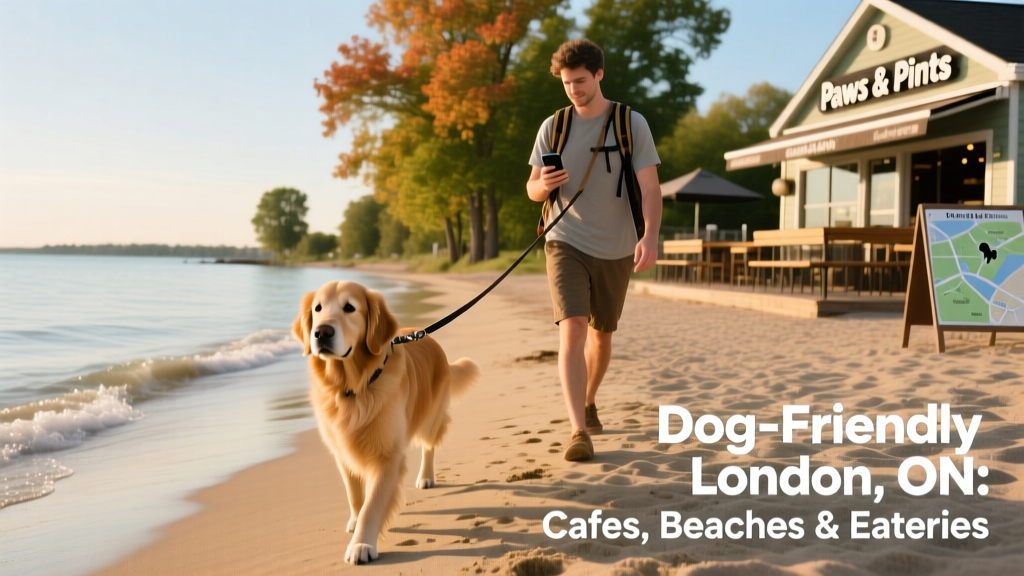 Leashed dog walking along a sandy beach with calm water and trees in the background