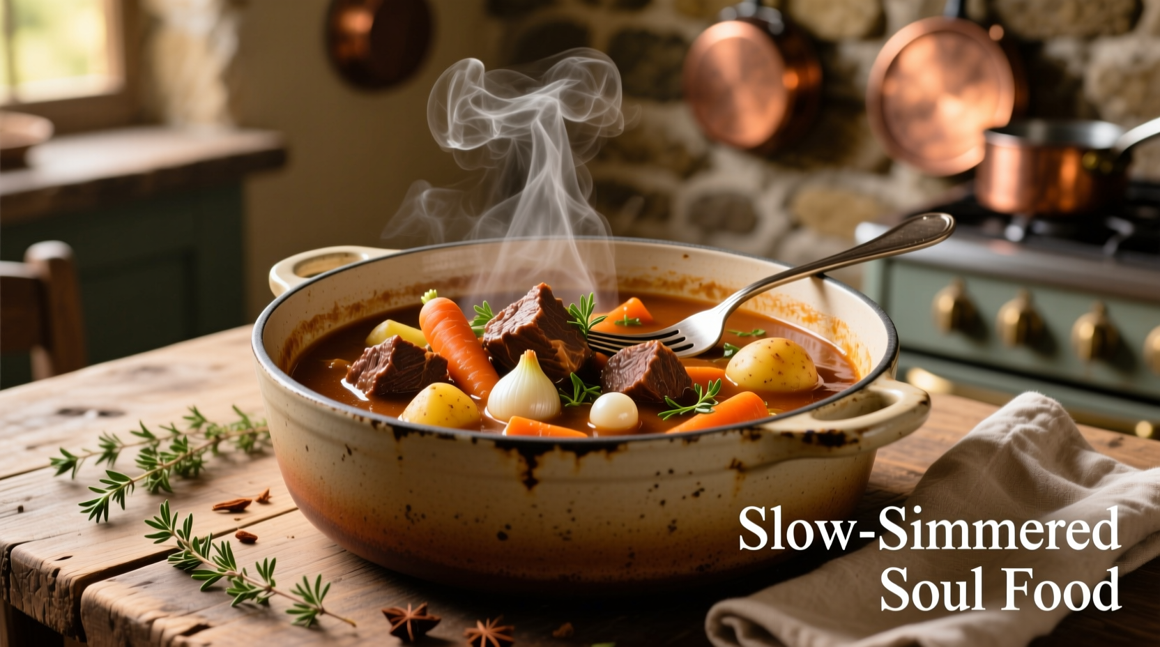 fork-tender beef stew in ceramic pot with vegetables