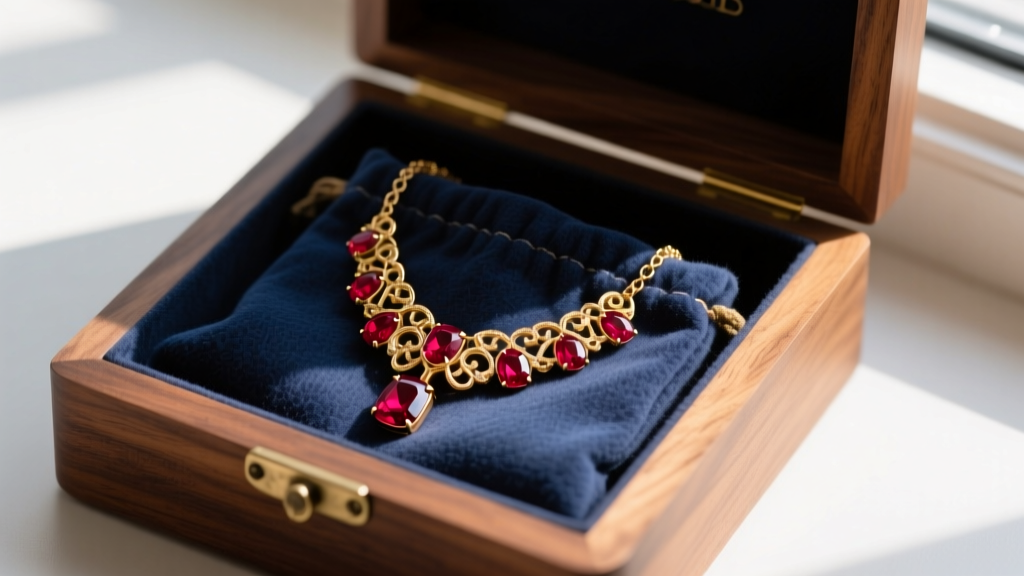 Ruby and gold necklace stored safely inside a soft anti-tarnish flannel pouch within a wooden jewelry box to prevent scratches.