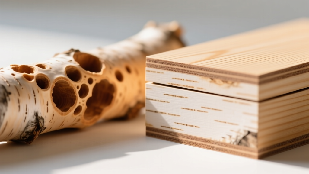 Macro shot comparing porous basswood and tight birch plywood, showing surface textures for custom jewelry box painting projects.