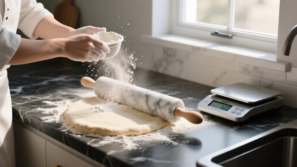 Home baker dusting flour over chilled marble rolling pin while preparing pie dough on a dark quartz countertop with digital scale nearby