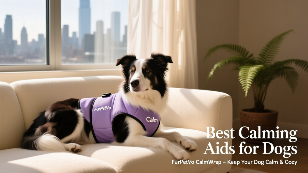 A calm border collie wearing the FurPetVo CalmWrap vest while resting on a sofa next to a window