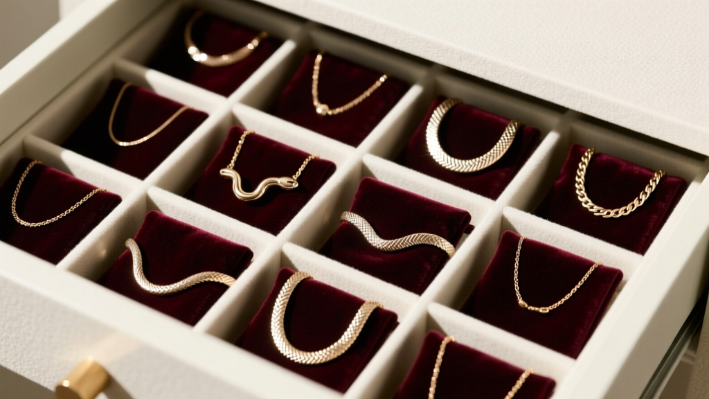 Organized jewelry drawer featuring individual anti-tarnish velvet pouches holding flat herringbone and snake chain necklaces.