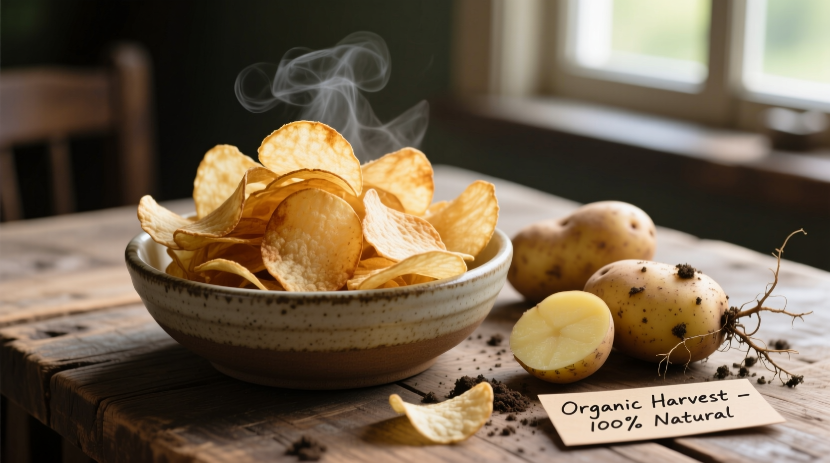 Organic potato chips in bowl beside fresh potatoes