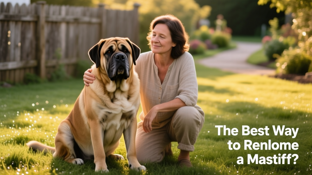 A gentle, mature Mastiff sitting calmly beside its owner on a grassy yard