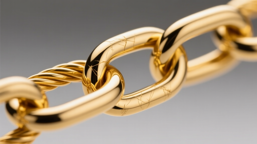 Macro shot of a 14k yellow gold cable chain link showing minor surface scratches from friction, lit by a bright ring light.