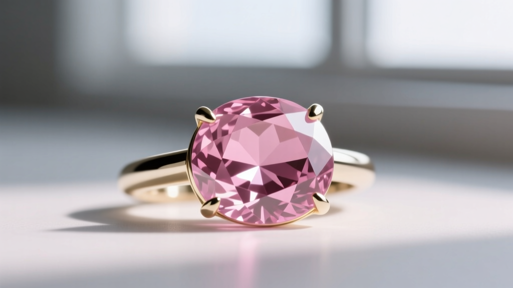 Macro photo of a natural pink sapphire cabochon set in a white gold bezel, highlighting the stone