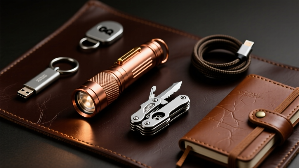 Flat lay of budget EDC gadgets including a copper flashlight and multi-tool on a dark leather mat in moody lighting