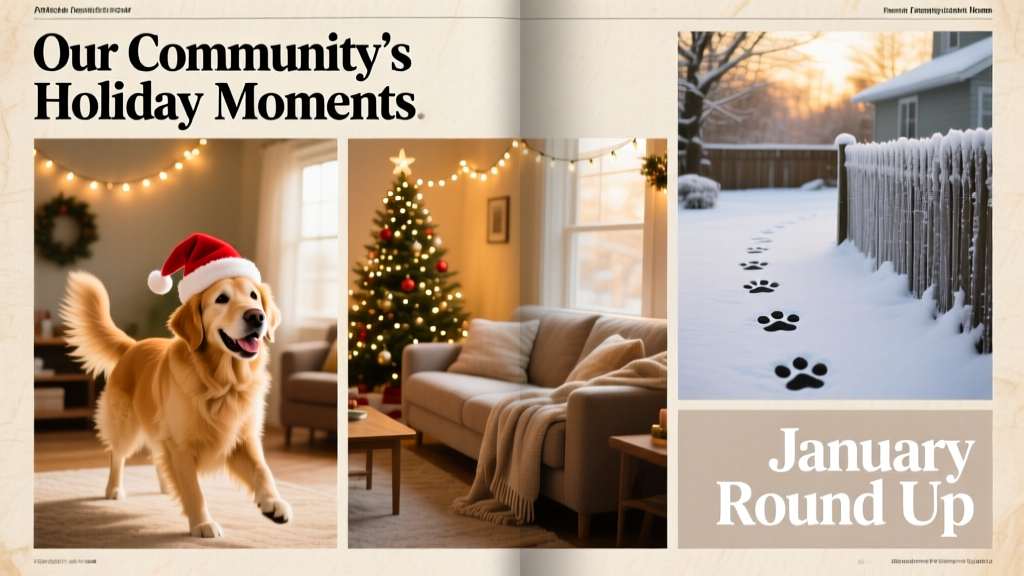 A cheerful collage of community-submitted photos: a dog wearing a tiny Santa hat, a cozy living room with holiday decor, and a snowy backyard with paw prints