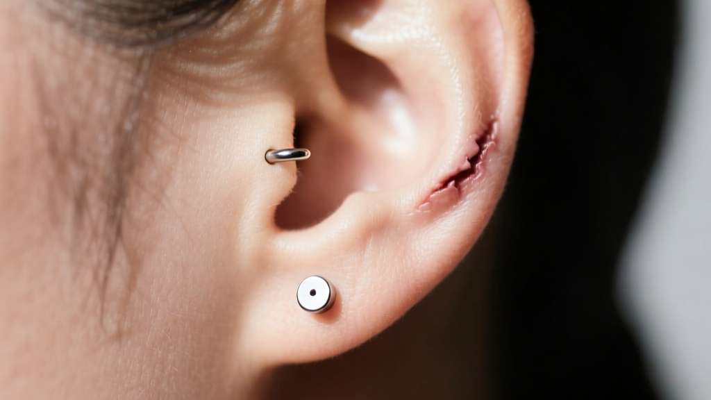 Side profile of a healed helix piercing with a 6mm flat back post sitting flush against the skin, avoiding tissue embedding.