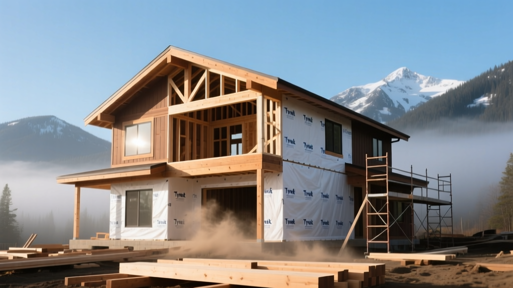Modern two-story craftsman house under construction in Washington state with exposed timber framing, Tyvek wrap, and mountain backdrop