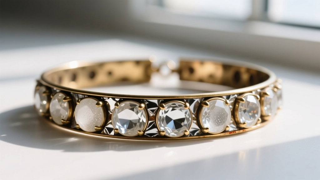 Macro shot of a vintage foil-backed rhinestone choker showing slight tarnish on the brass setting and cloudy glass stones.