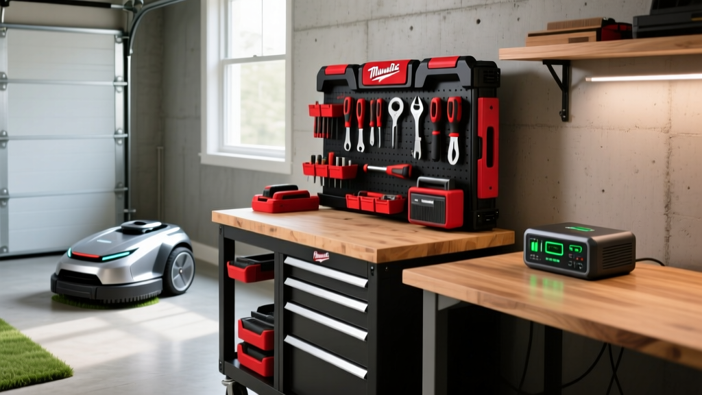 Organized garage workbench with Milwaukee Packout storage, robotic mower outside, and a high-capacity power bank on the desk