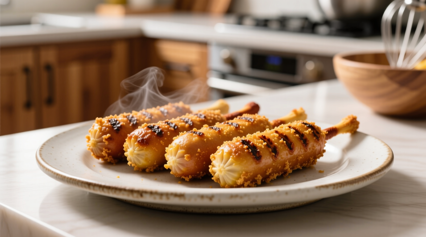 Golden brown air fried corn dogs on plate