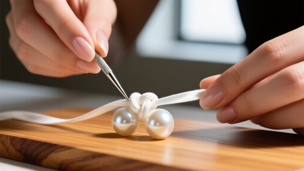 Close-up of hands using a metal awl to tighten a white silk overhand knot between two cream Akoya pearls on a wooden bead board.