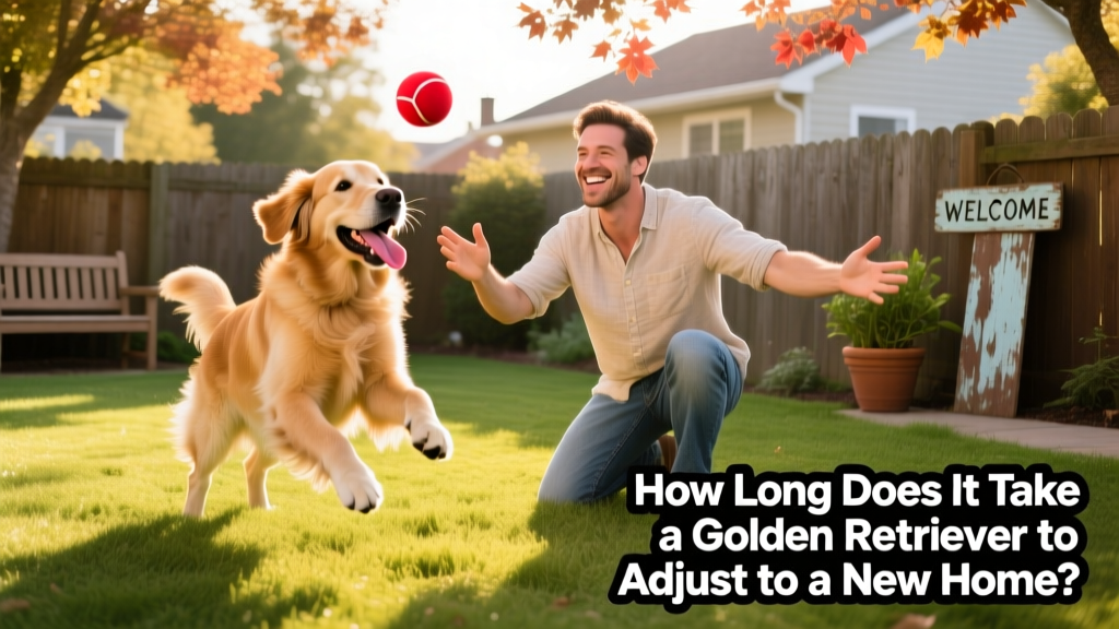 Happy Golden Retriever playing fetch in a fenced backyard with their new owner, both smiling and relaxed