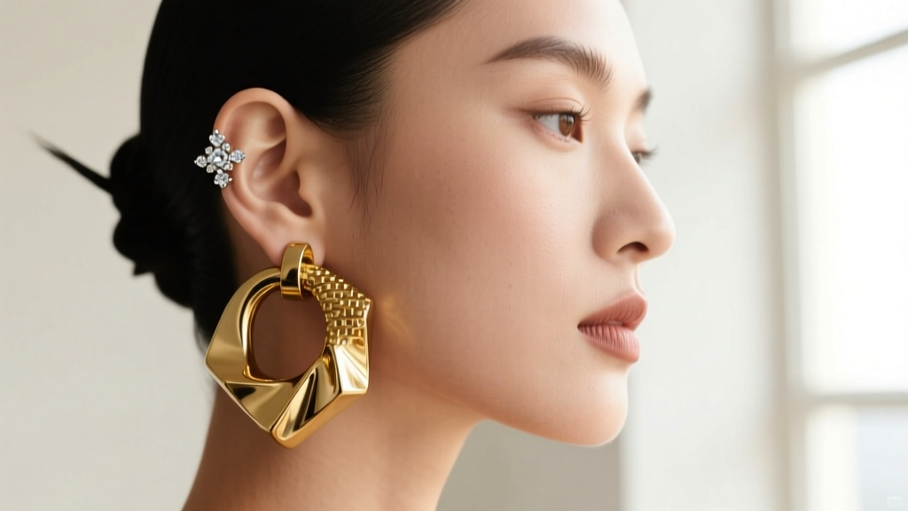 Studio portrait of asymmetrical ear styling with mixed metal ear hugger earrings featuring diamond pavé and chunky gold textures.