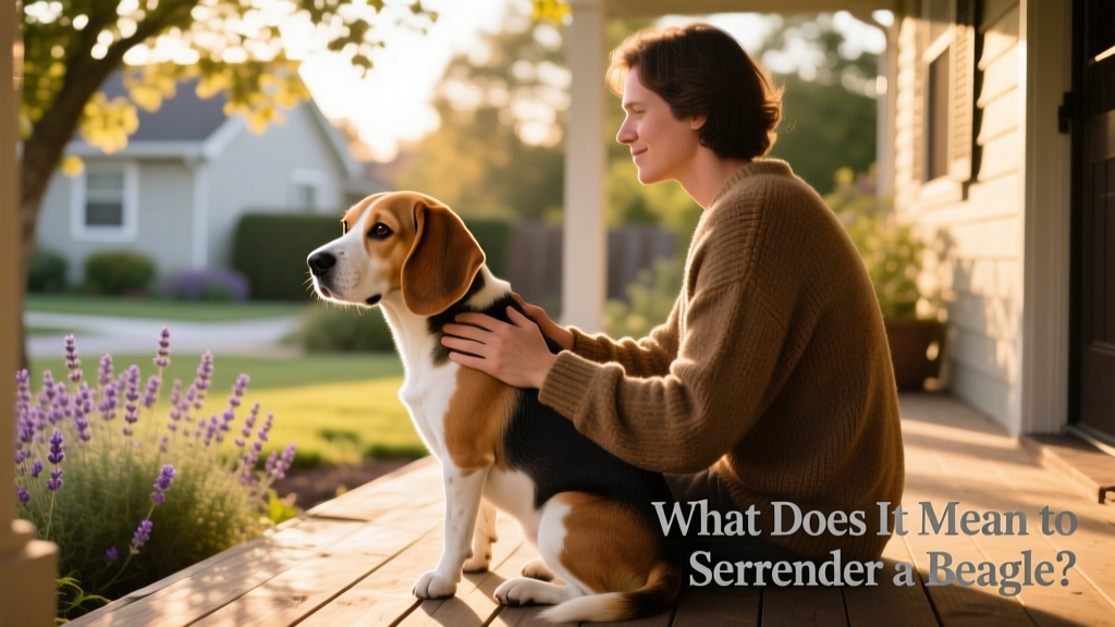 A gentle Beagle sitting calmly beside a person, conveying trust and connection