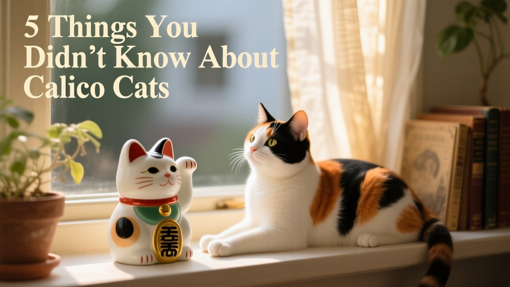 A traditional Maneki Neko figurine in calico-inspired colors, sitting beside a real calico cat resting on a windowsill