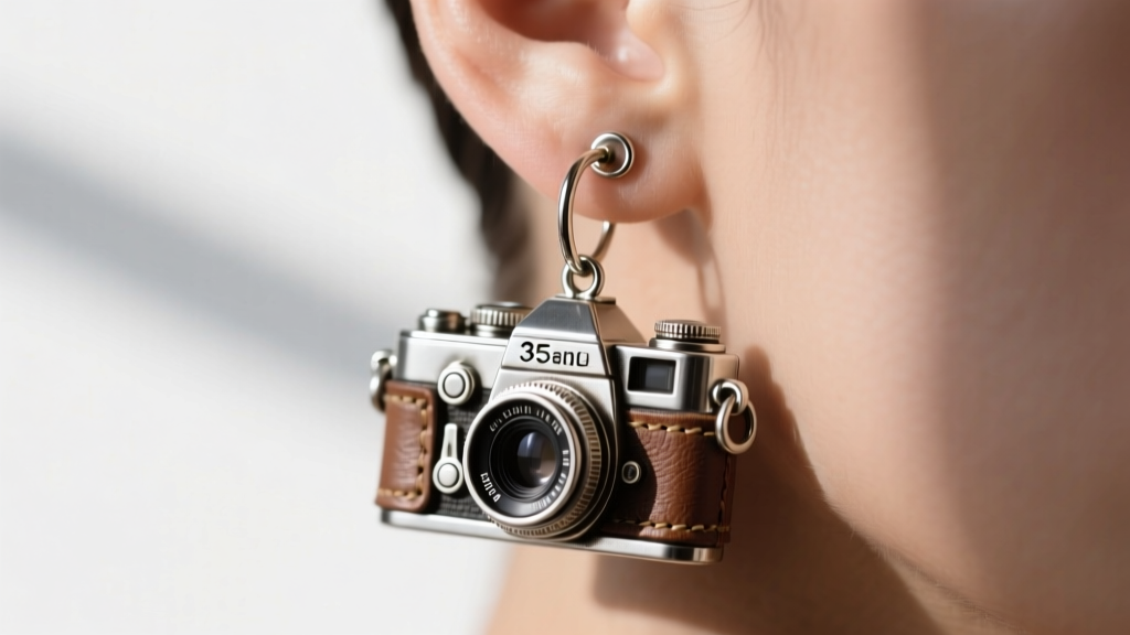 Macro shot of a vintage 35mm SLR camera charm earring in oxidized silver hanging delicately from a standard lobe piercing