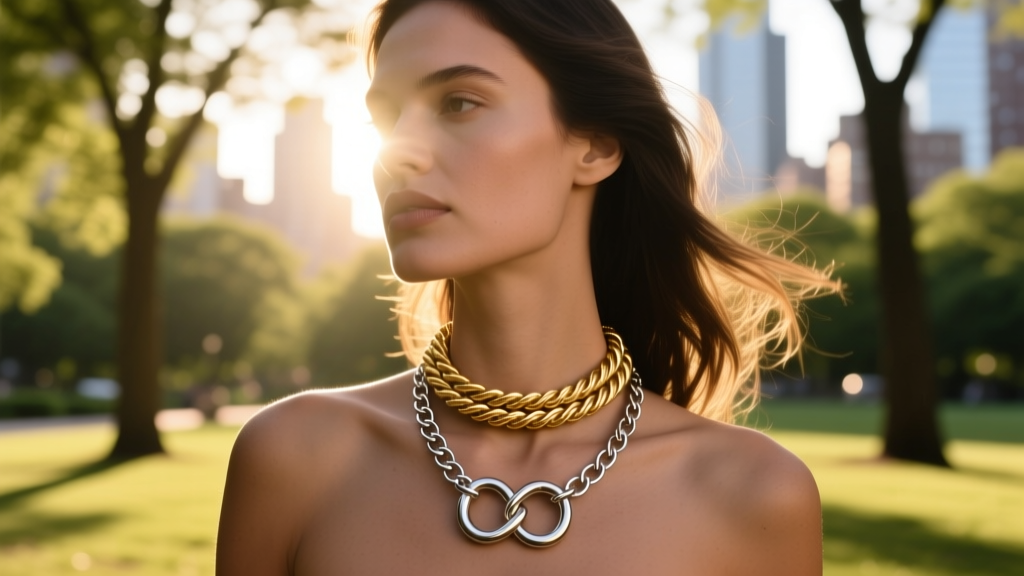 Woman wearing a layered stack featuring a delicate stainless steel pretzel chain and a thicker twisted rope gold choker outdoors.