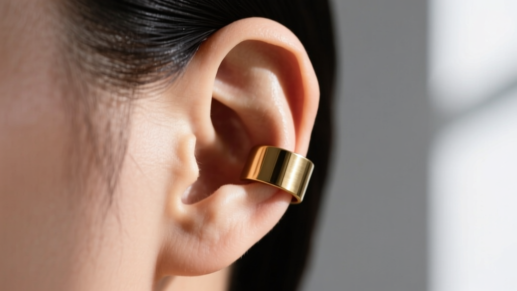 Side profile of an ear showing a brass ear cuff slipping off the thick upper helix rim, demonstrating a poor cartilage fit