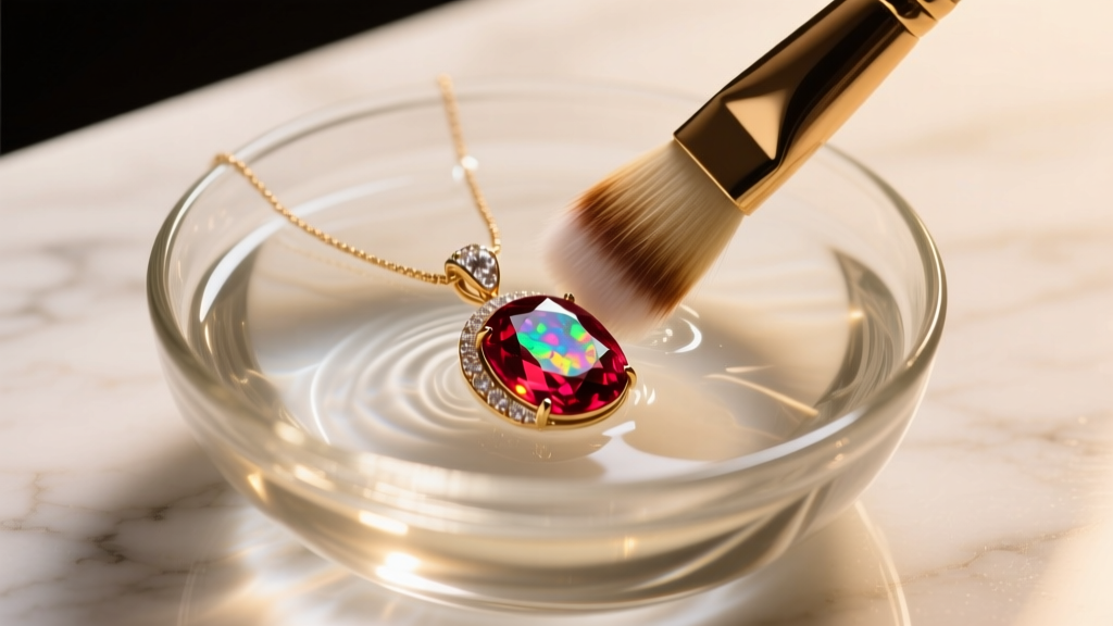 Soft brush cleaning an opal and ruby pendant in a bowl of water on a marble counter under warm studio lighting, macro photography