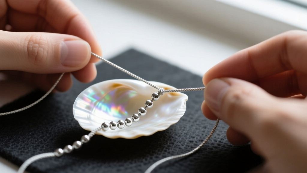Hands threading 1mm braided nylon cord through a curved white dentalium shell, with tiny silver spacer beads on a dark felt mat.