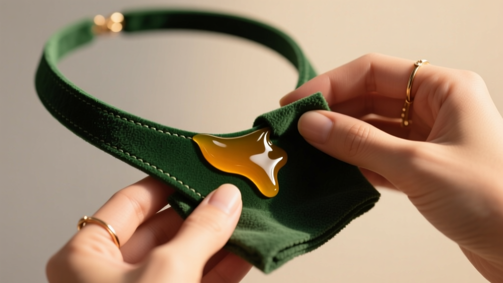 Hands applying natural beeswax leather conditioner to a dark green suede cord necklace using a soft microfiber cloth in warm light.