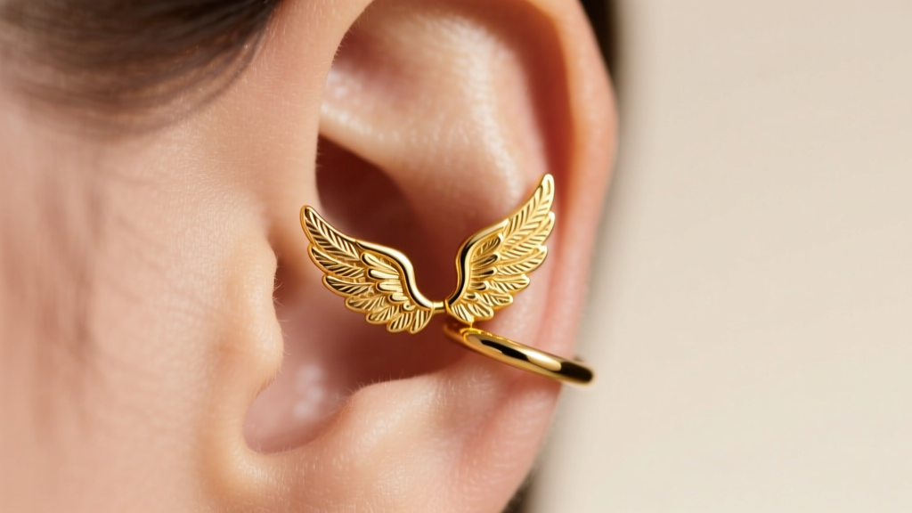 Ear close-up showing a 14k yellow gold angel wing lobe stud and a minimalist helix hoop, illuminated by soft, warm studio light.
