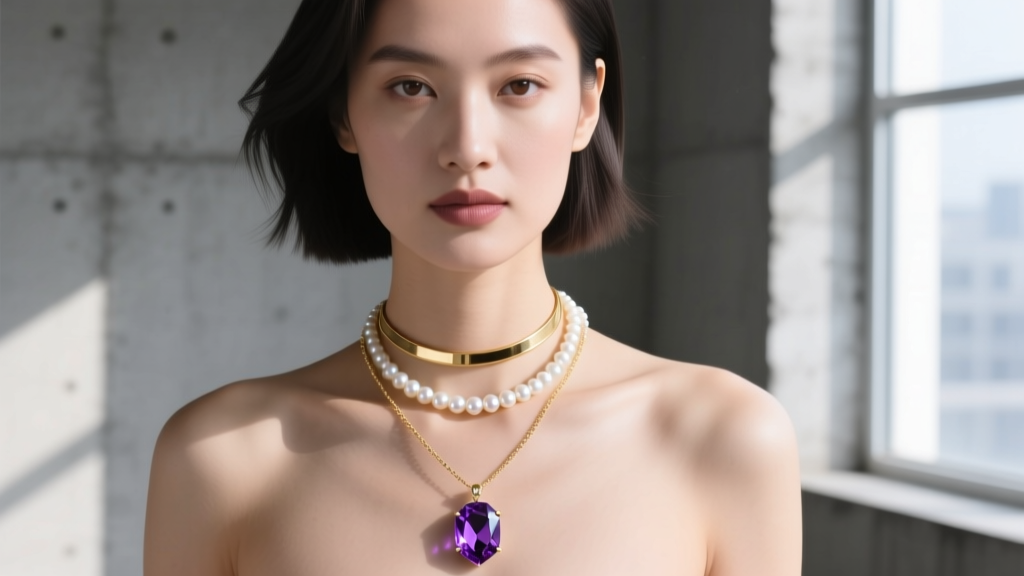Woman wearing layered necklaces, showcasing a 16-inch choker, an 18-inch pearl strand, and a 20-inch amethyst stone pendant