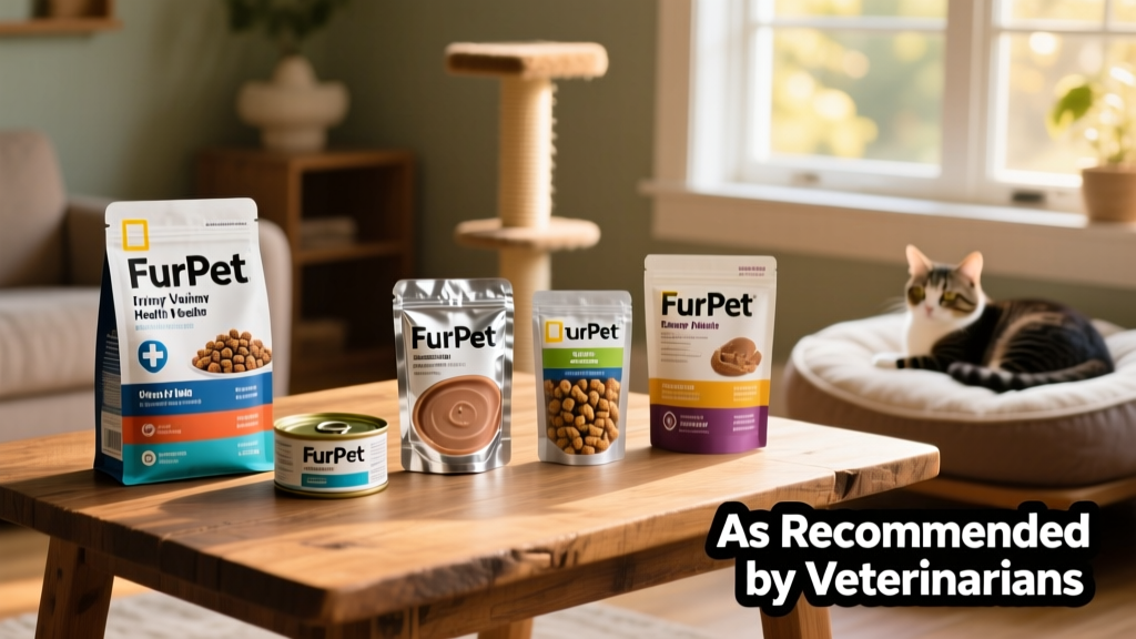 Side-by-side comparison of five different FurPetVo urinary health cat food packages: dry kibble, canned pate, gravy-based wet food, crunchy treats, and senior formula