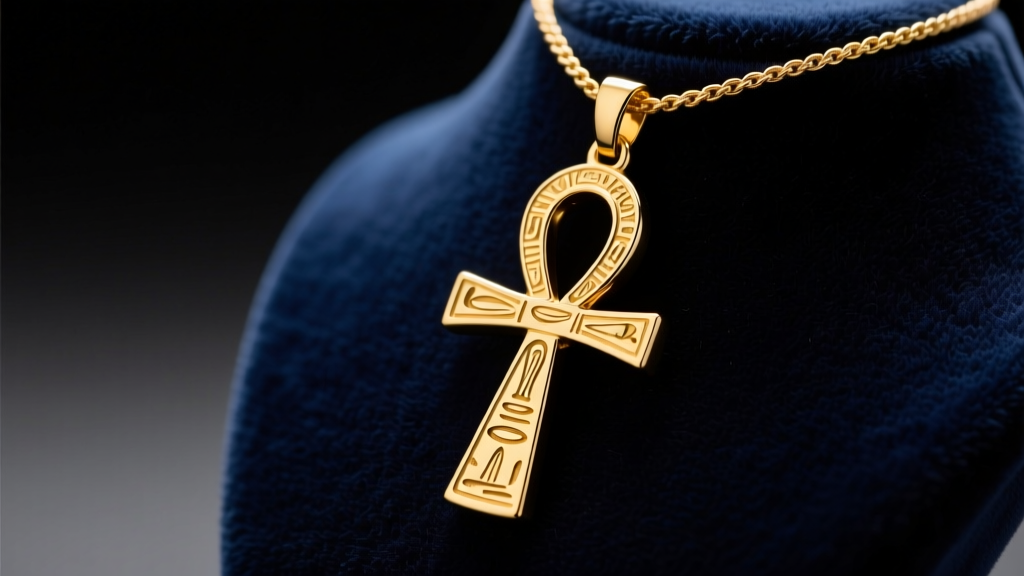 Close-up of a 14k yellow gold ankh pendant on a dark velvet bust, highlighting the intricate loop details in soft studio lighting